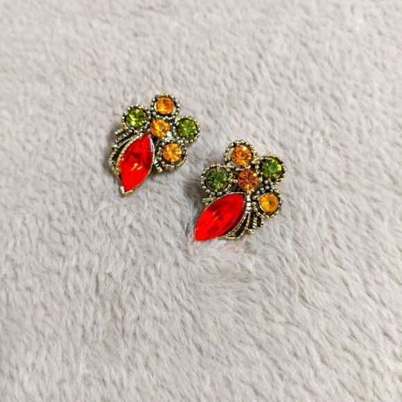 Vintage 1960's Orange, Green & Amber Rhinestone Clip Earrings - Picture 11 of 13
